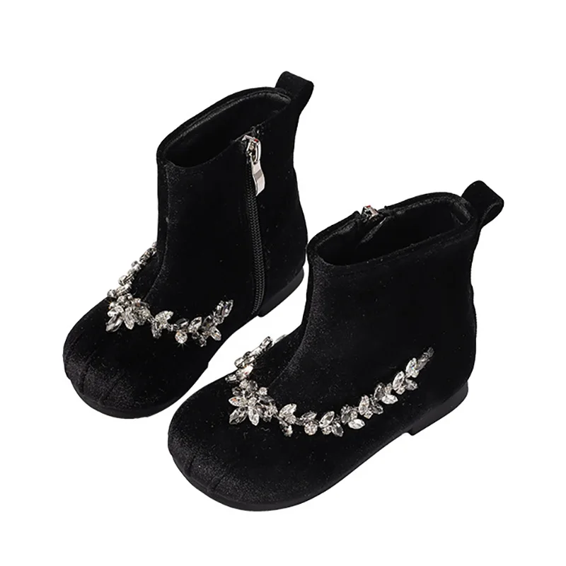 

2025 New Kids' Leather Shoes Zipper Princess Shoes for Little Girls Diamond Decor Soft Sole Flats