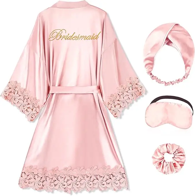 Bride Robe for Wedding Day Set Bridal Robe with Bride Sash Lace Trim Silky Embroidery Satin Kimono for Bridal Party