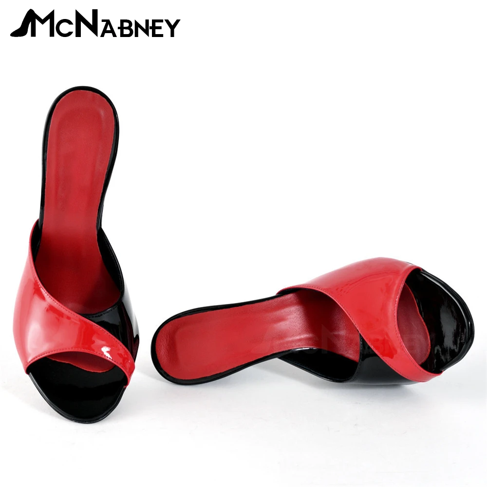 Black Red High-Heeled Mules Peep Toe Patent Leather Stiletto Sandals Sexy Summer Slippers Custom Color Large Size for Women Men