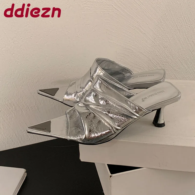 

Fashion Pointed Toe Women Medium Heels Pumps Slides Shoes Slip On Footwear Shallow Ladies Thin Heels Shoes Female Sandals