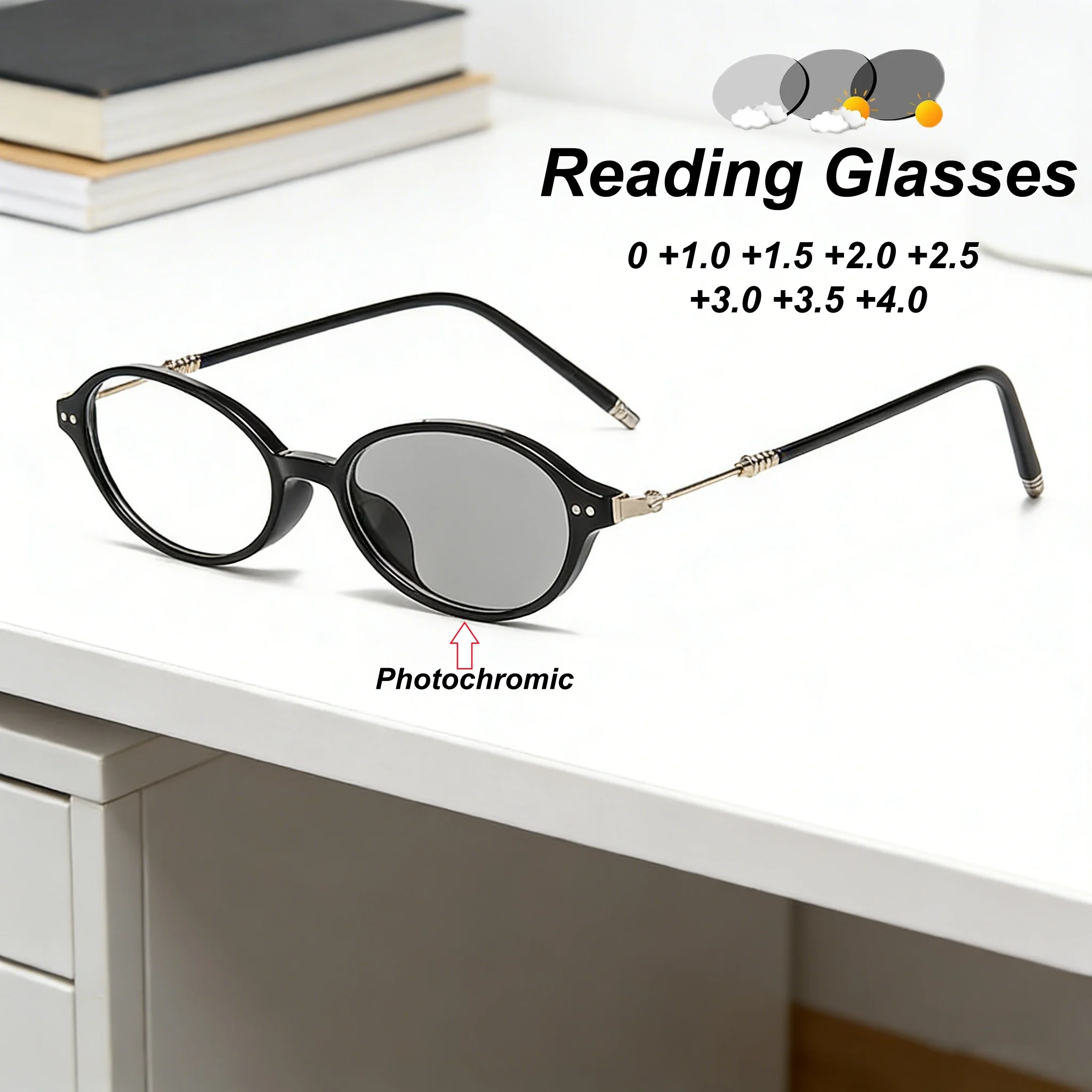 

New Fashion HD Elliptical Frame Photochromic Women's Reading Glasses Ultra Light Neutral High Quality Anti Blue Light Glasses