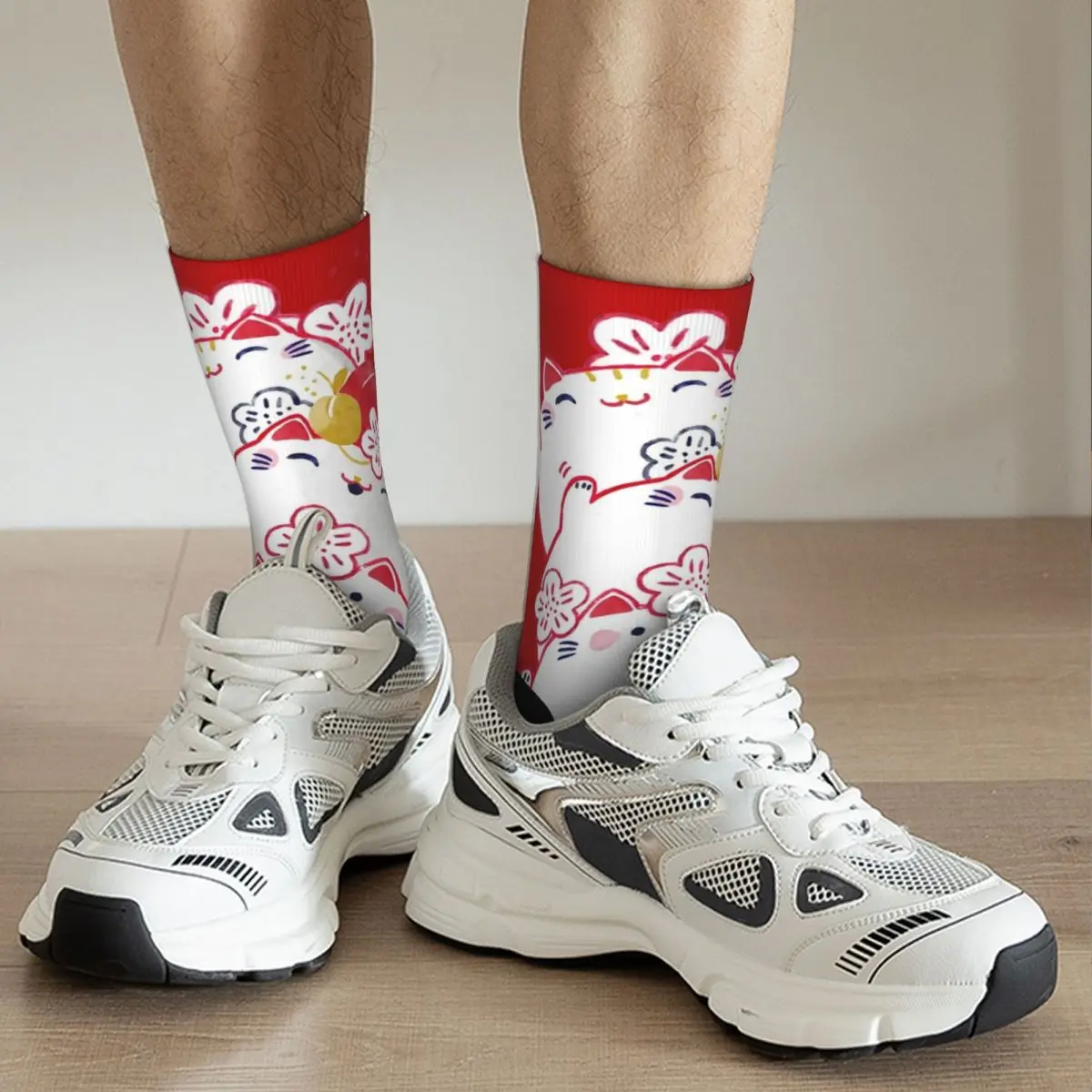 Calcetines de baloncesto Retro Lucky Cat Maneki Neko, lindos calcetines de tubo medio de poliéster para Unisex, transpirables