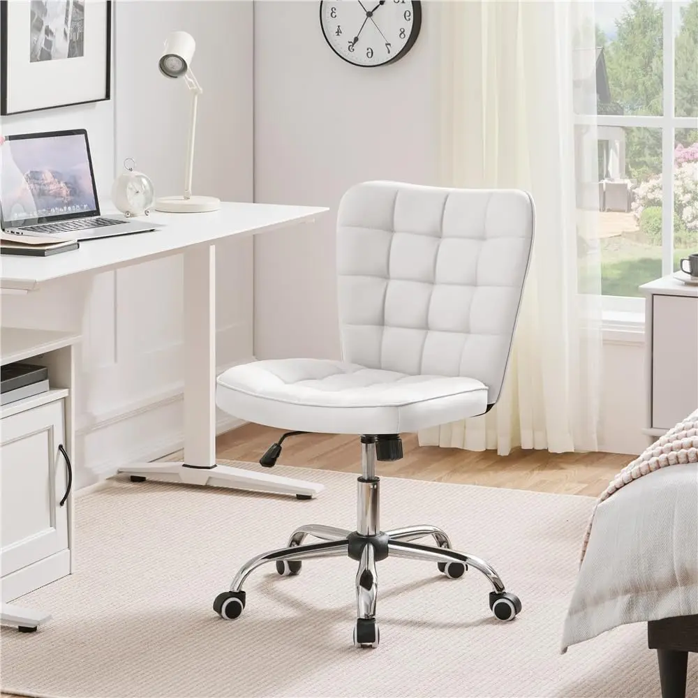 Sin Reposabrazo Oficina Tapizada de Cuero PU con Ruedas Silla Ergonómica Base Metal Blanc
