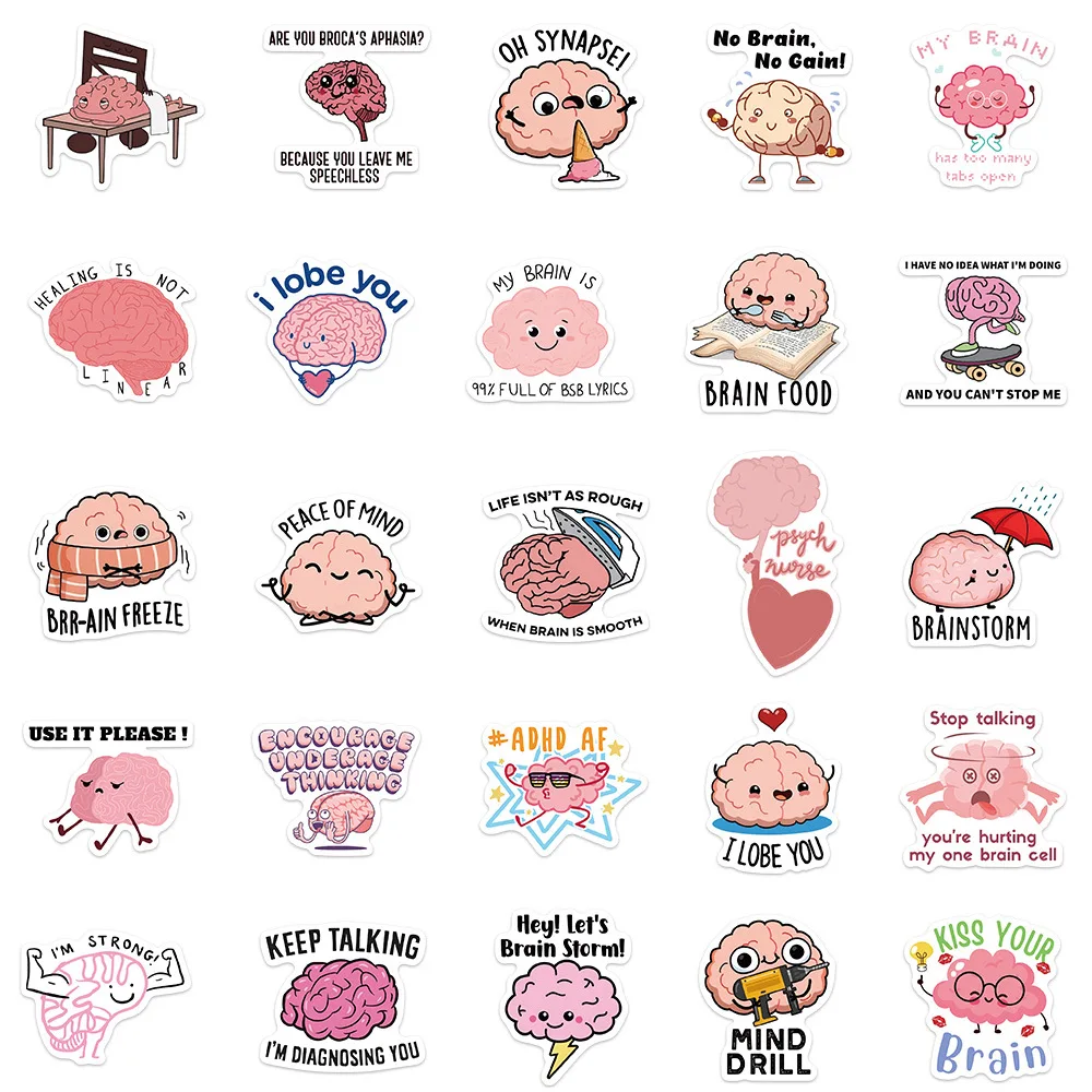 Imagem -05 - Cute Brain Brinquedos Engraçados Adesivos Criança Gift Decor Bagagem Cartoon Etiqueta Engraçada da Língua do Órgão Pacote de Decalque 10 Pcs 50 Pcs