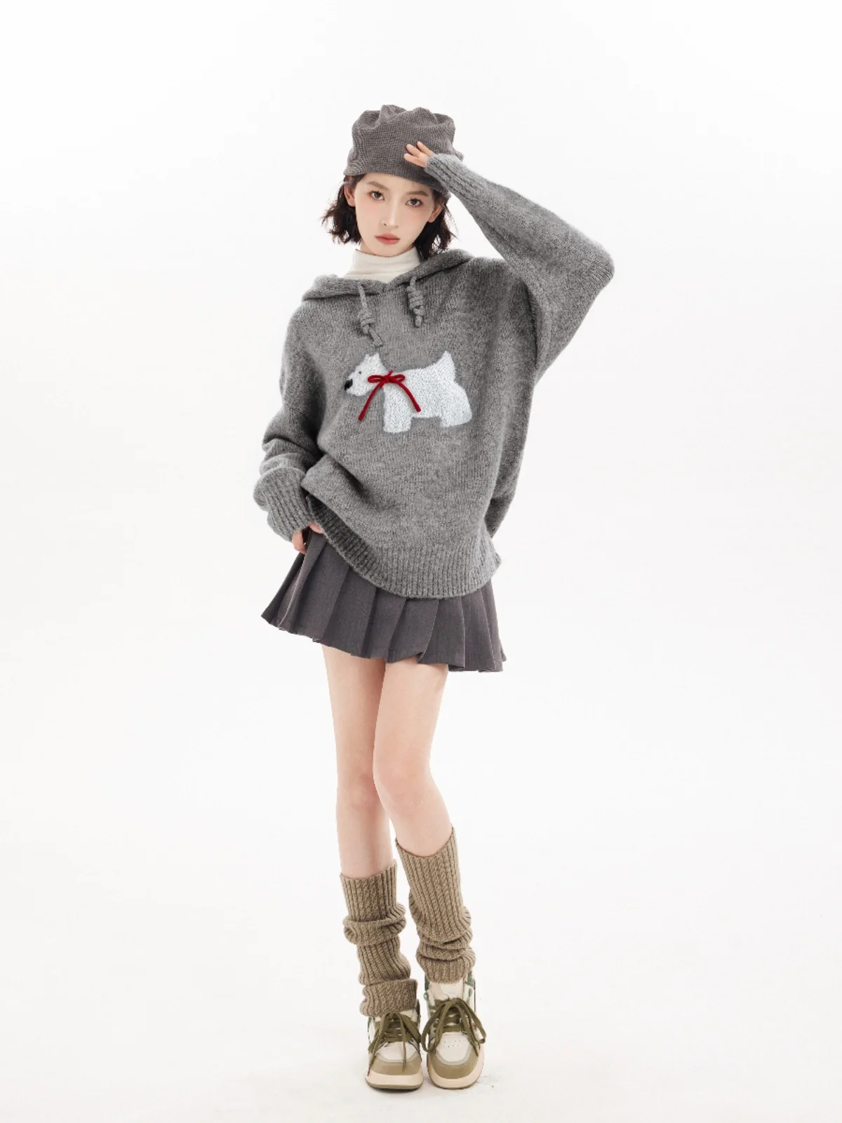 

ay Dog Hooded Knitted Sweater Hoodie Outerwear Autumn Winter Lazy Sle Small Size Loose Overhead irt for Women