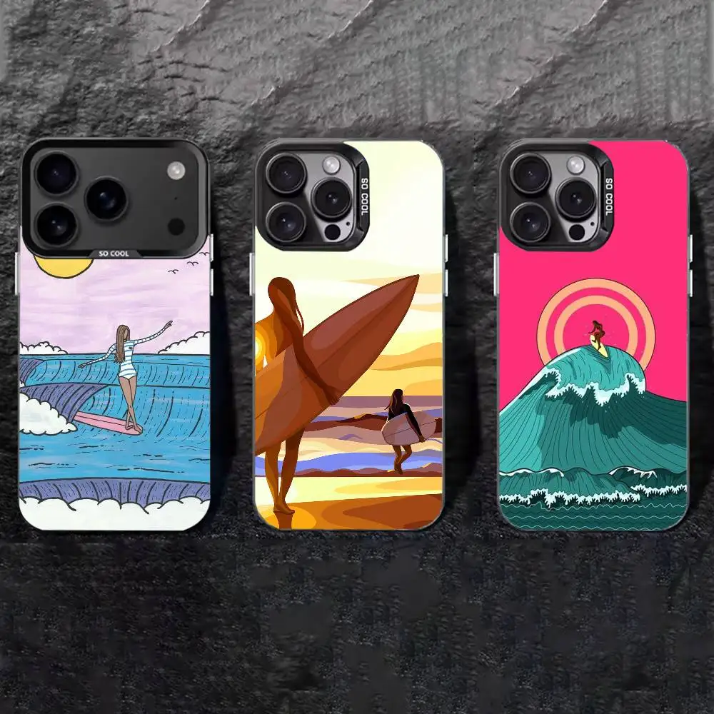 

Surfboard Surfing Art Surf Girl Phone Case For iPhone 17,16,15,14,13,12,11 Plus,Pro Max,XS,Colored silver phone case