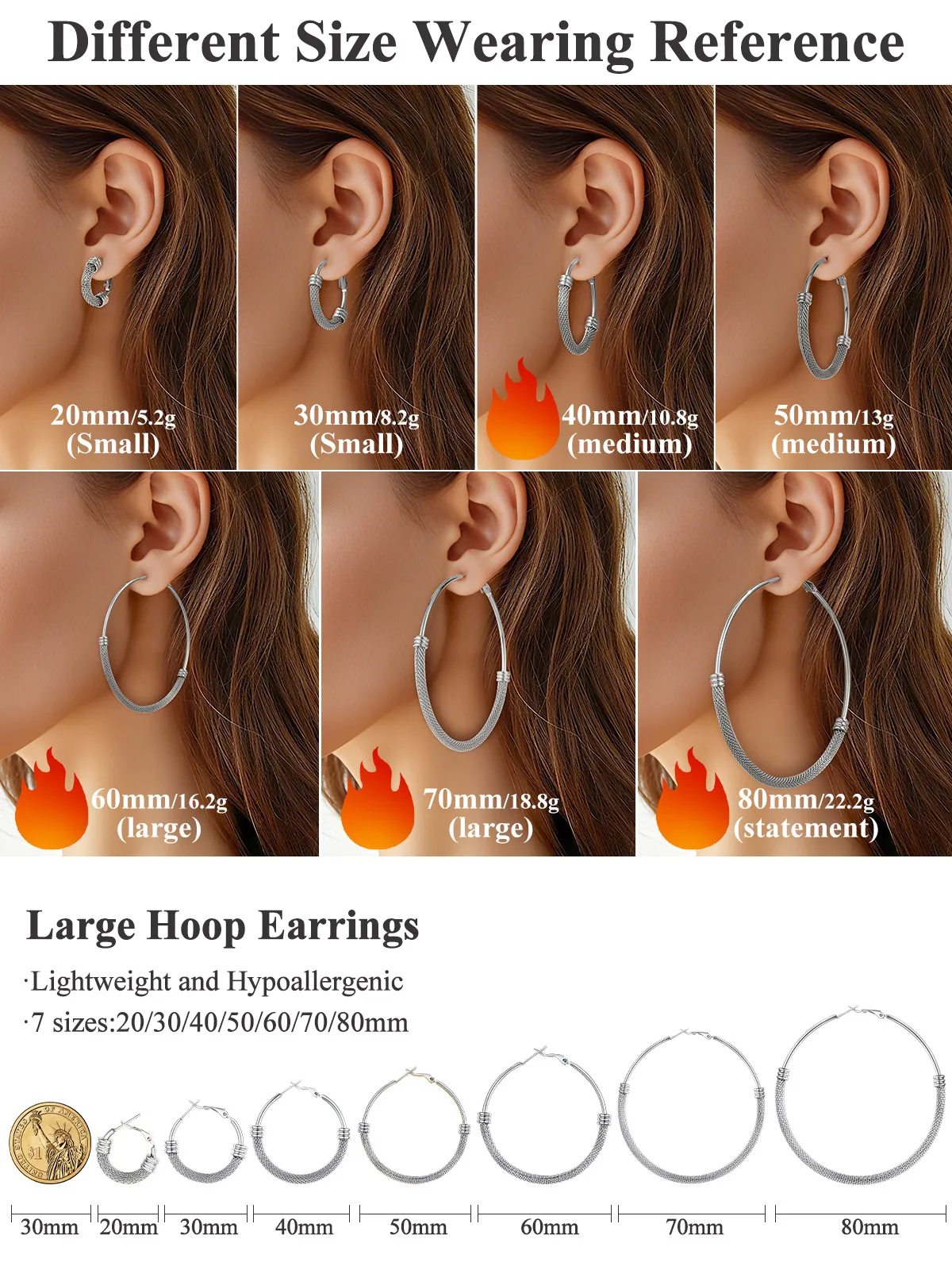 ChainsPro 20-80mm Hoop Earrings for Women Mesh 316L Stainless Steel Classic Mini - Large Statement Hoops Jewelry Gift for Her