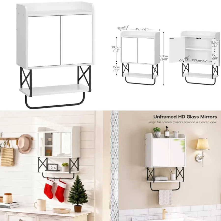 

Medicine Wall Cabinet with Mirror, Bathroom Storage Cabinet with Hidden Space and Towel Bar, Double Mirrored Doors, Detachable