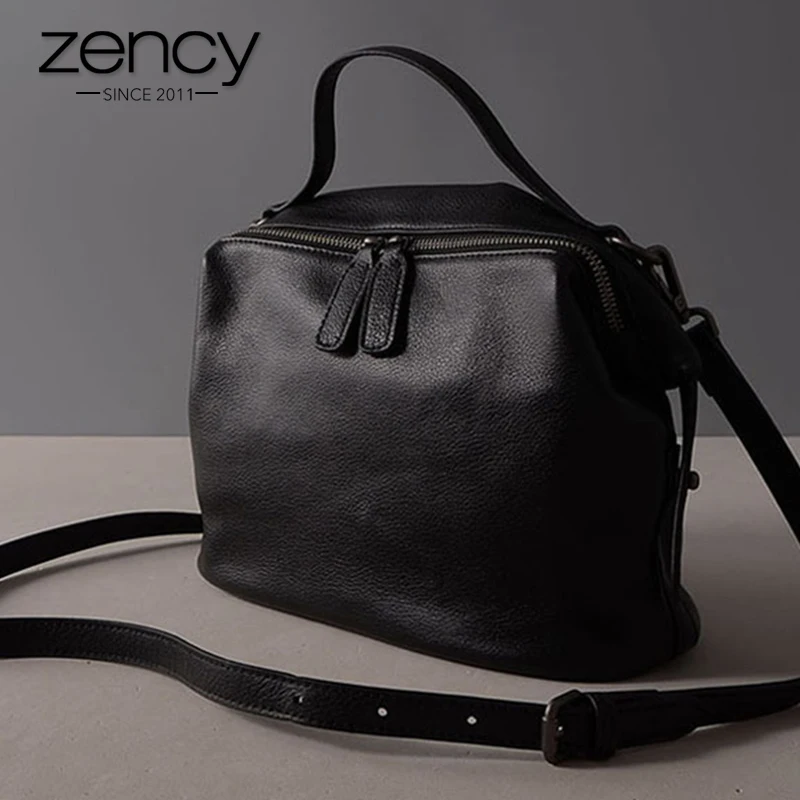 Zency Classic Women Handbag Genuine Leather Lady Casual Tote High Quality Fashion Female Crossbody Shoulder Bag Grey Burgundy