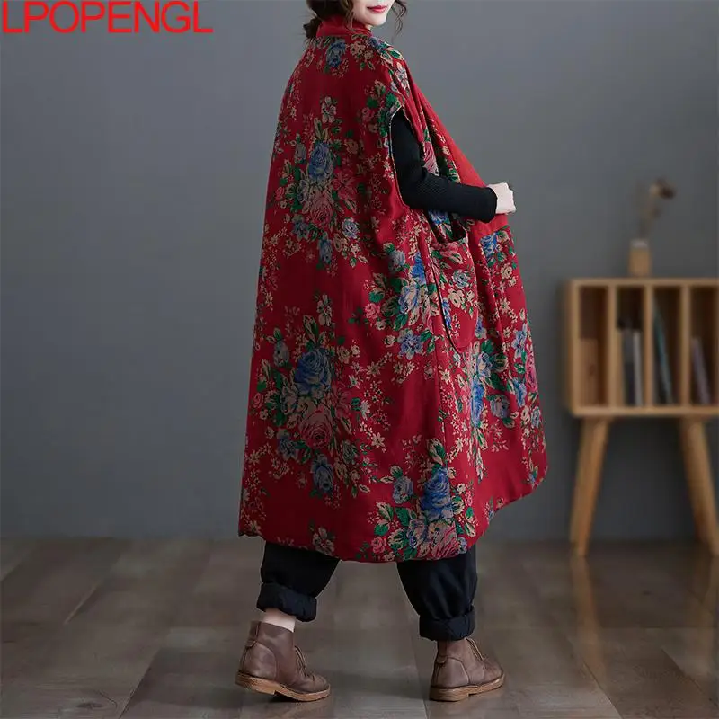 Ethnic Style Cotton And Linen Women's Mid-length Cotton Jacket Warm Sleeveless Single Button Vest V-neck Oversized Outerwear