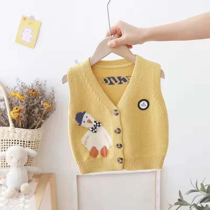 Autumn Children Baby Clothes Cute Cartoon Duck Vest Cardigan Sweater Kids Knitting V-neck Vest Coat Soft Comfortable Waistcoats