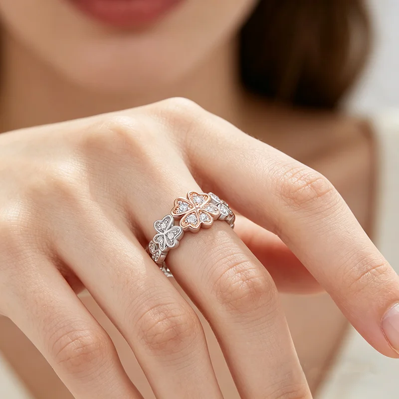 WOSTU Two-tone Platinum Rose Gold Plated Clover Band Ring For Women, Elegant Zircon Rings Annivesary Jewelry Gift Hypoallergenic
