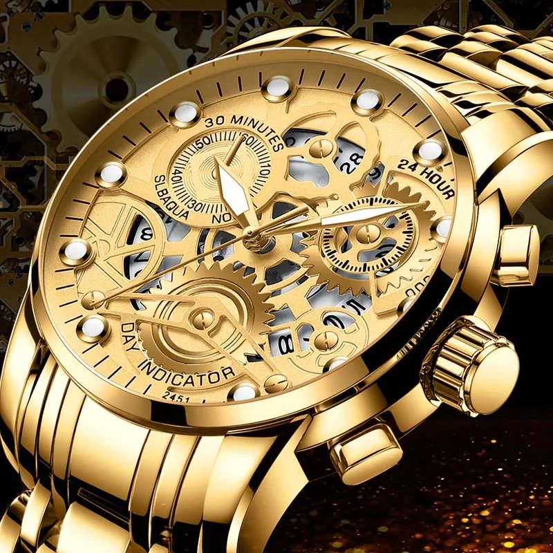 Cool Hollow Men Quartz Wristwatches Gold Luxury Waterproof Sports Watches Male Business Calendar Stainless Steel Man Watch Reloj