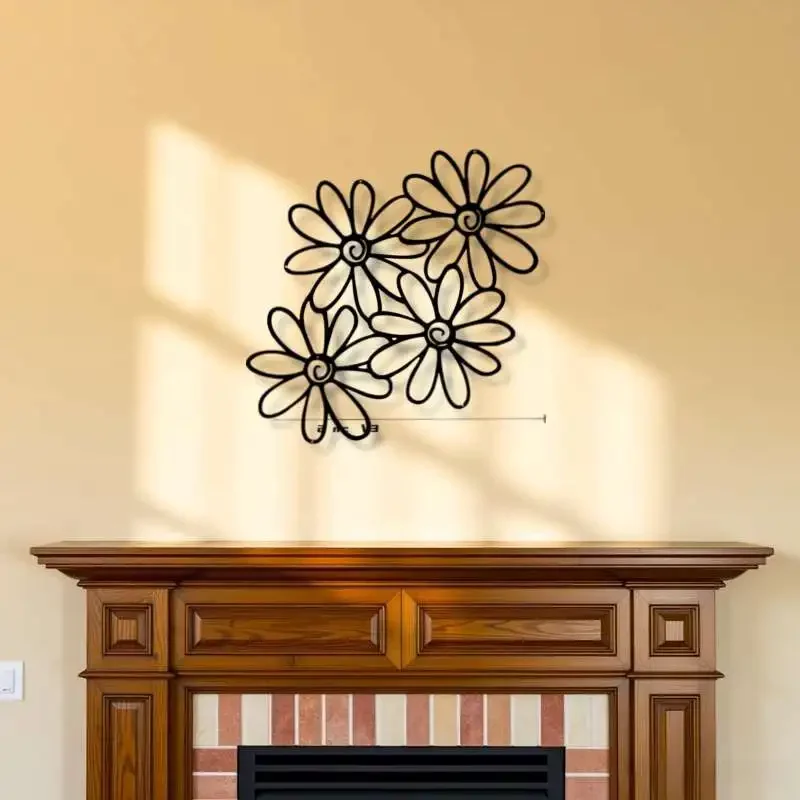 CIFBUY Wrought Iron Wall Art Large Daisy Flower Decor Black Beige Minimalist Indoor Outdoor Hanging Metal Sculpture for Bedroom