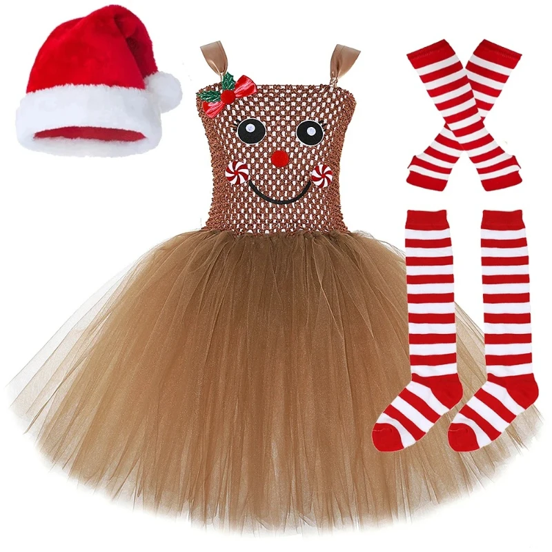 Brown Gingerbread Man Costumes for Girls Christmas Tutu Dress for Kids Xmas Cartoon Cookie Outfit Children New Year Clothes Gift