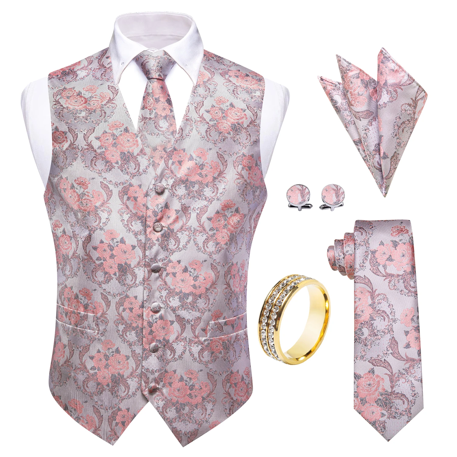 

Silver Pink Floral Jacquard V-Neck Vest 5Pcs Kit Tie Square Cufflinks Gold Decor Ring For Bridal Party Wedding Guest