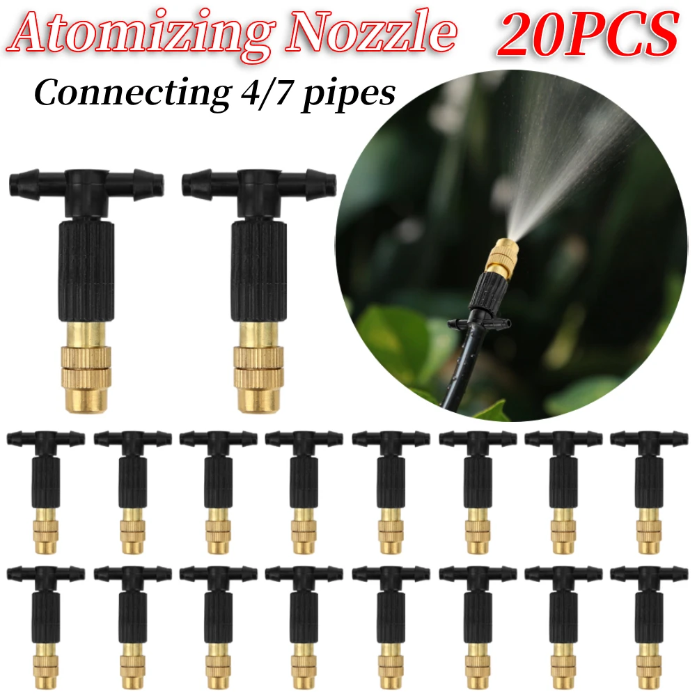 20pcs 4/7PVC Outdoor Misting Cooling System Garden Irrigation Watering 1/4'' Brass Atomizer Adjustable Garden Micro Sprinklers