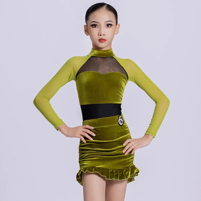 Falda verde de manga larga con cuello alto, vestido de baile latino, trajes de práctica de baile Chacha Rumba, trajes de actuación, ropa DQL11554