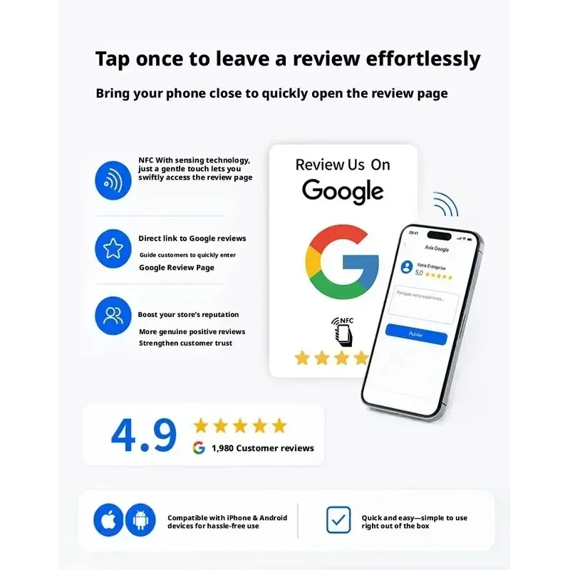 /1-50Pcs Black Premium Wear‑Resistant /.Matte Finish Reusable Google Review Tap NFC Card Programmable NFC Tap Card User‑Friendly