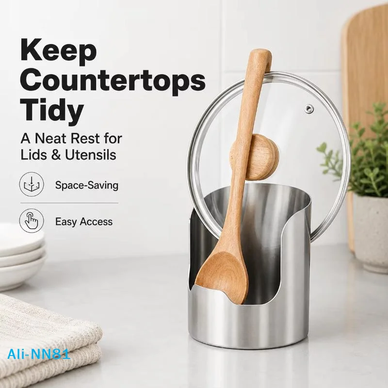【N】Stainless Steel Pot Lid Holder Spoon Holder Rust-Resistant And Features Compartment Heat-Resistant Easy To Clean