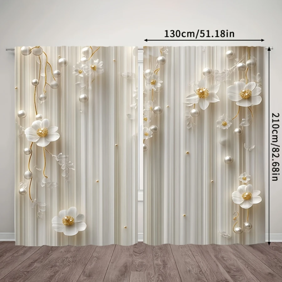 2PCS Digital Print Curtains, Pearl White Flowers Pattern, Elegant Delicate Floral Decor Soft Pure Blossom Sophisticated Drapes