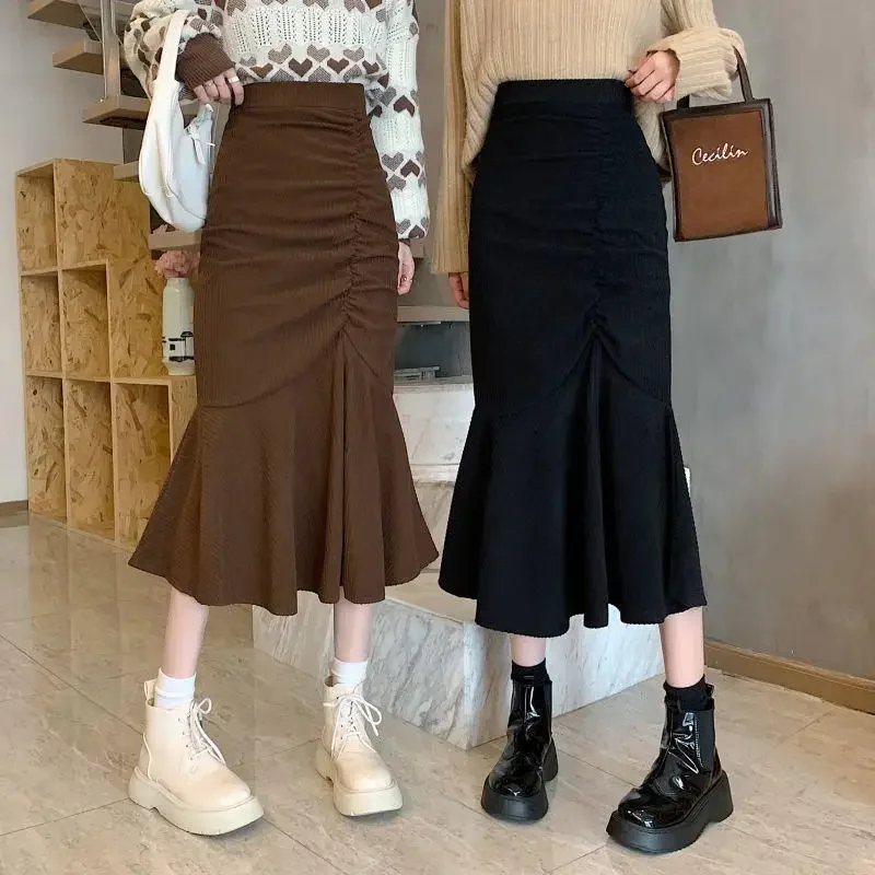 

Fashion High Waist Midi Skirts for Women 2023 Spring Slim Fit Hip Mermaid Skirt Woman Korean Ruffles Brown Skirts 2XL