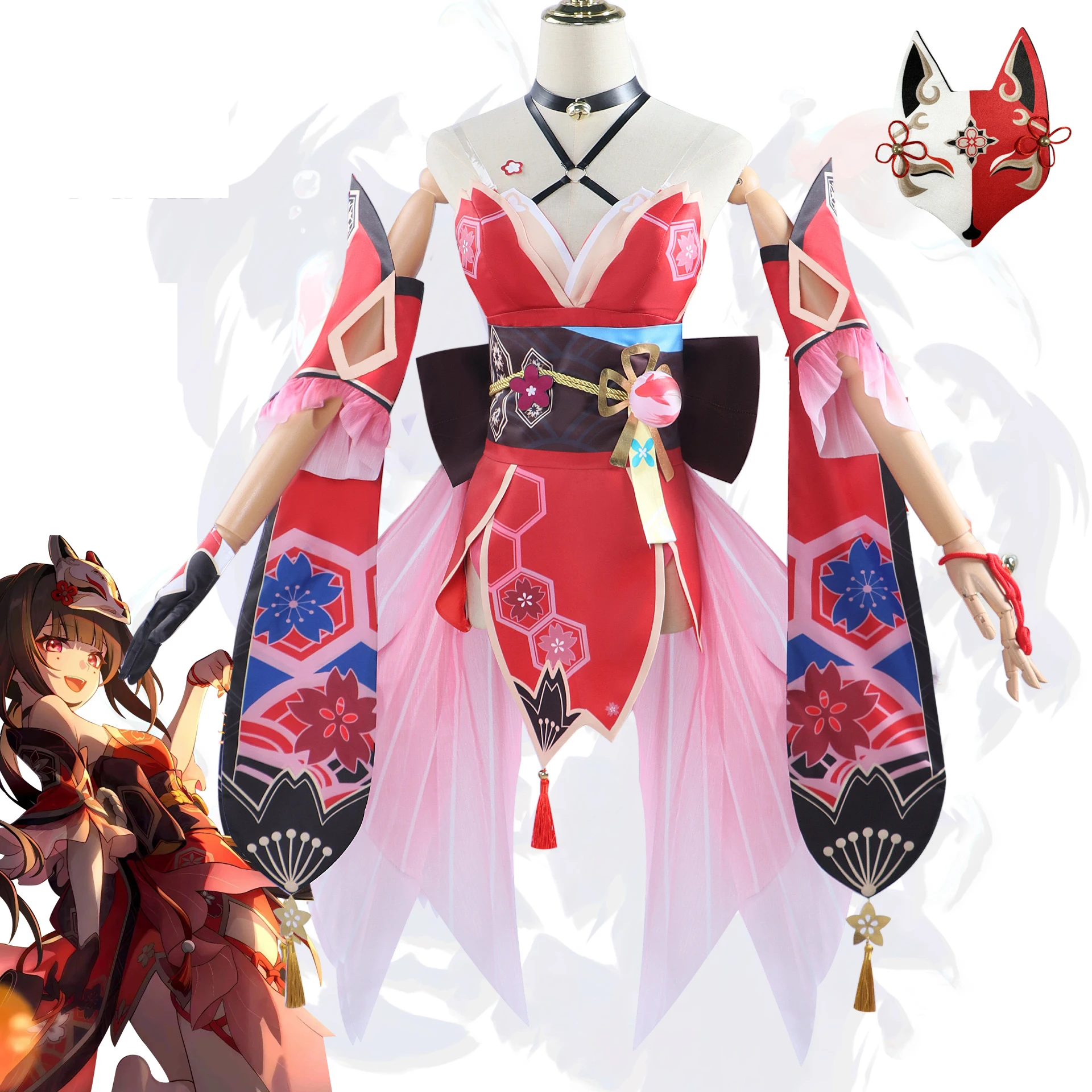 

Honkai Star Rail Sparkle Cosplay Costume Full Set with Fox Mask Women Role Play Outfit Halloween Carnival Sakura Kimono Dress