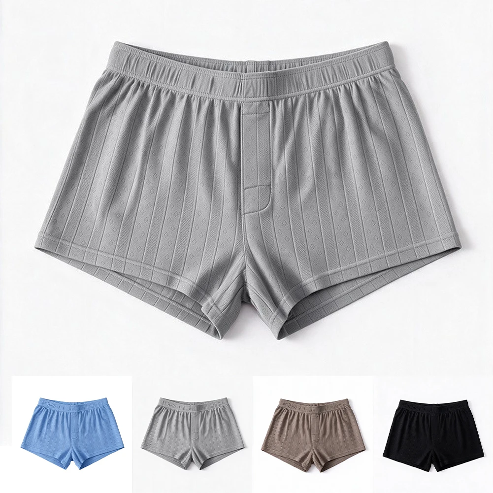 Men Stretch Ribbed Home Boxer Trunks Middle Waist Boxers Shorts Male Breathable Loose Underwear Sleep Bottoms