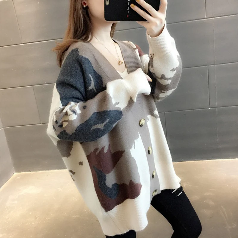 

Color Blocked Printed Knitted Cardigan Women Korean Vintage Loose Fit V-Neck Sweater Coat Autumn Casual Commute Versatile Jacket