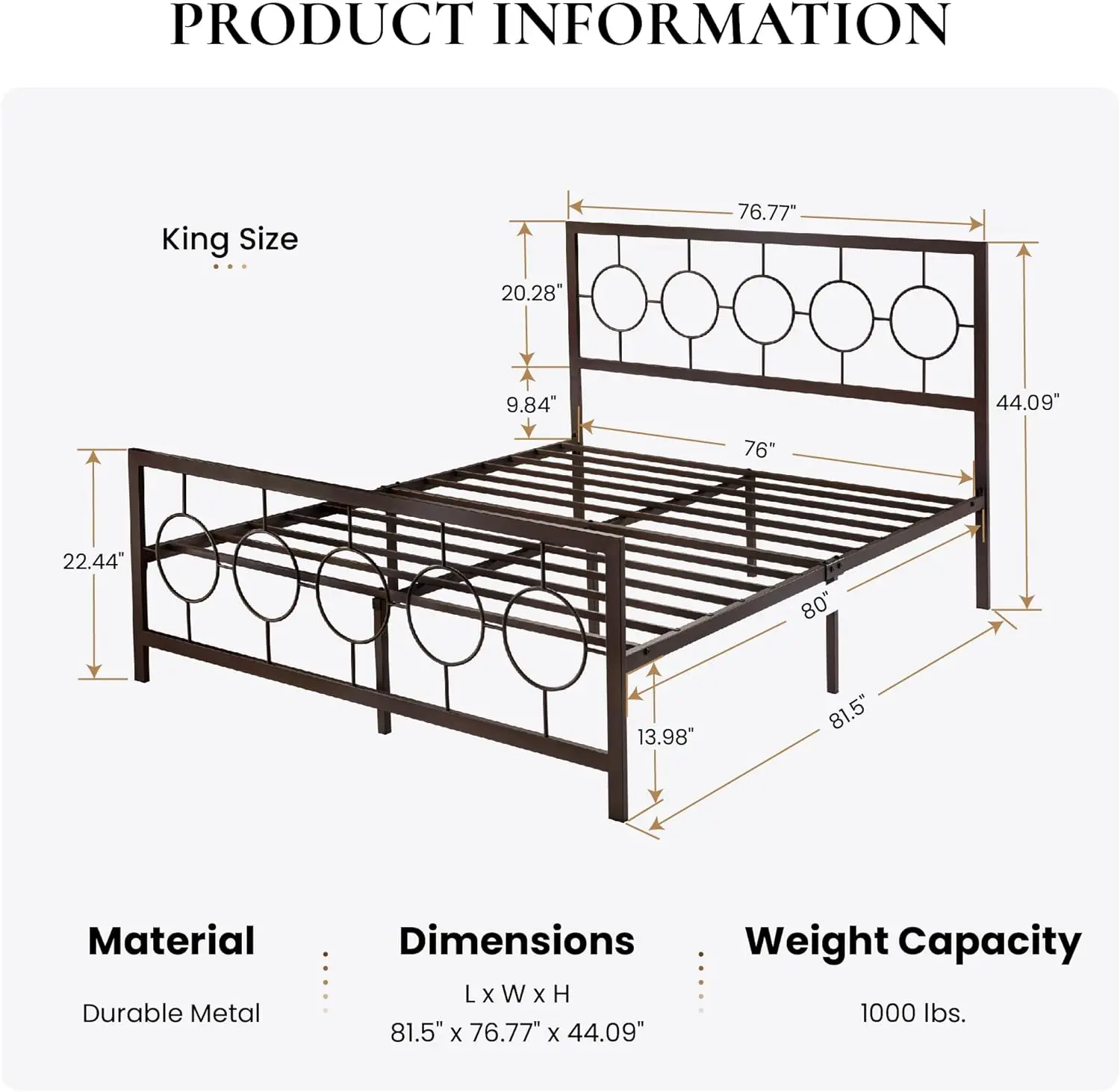 SHA CERLIN King Size Metal Bed Frame with Vintage Circular Design Headboard and Footboard,No Box Spring Required, Easy Assemb