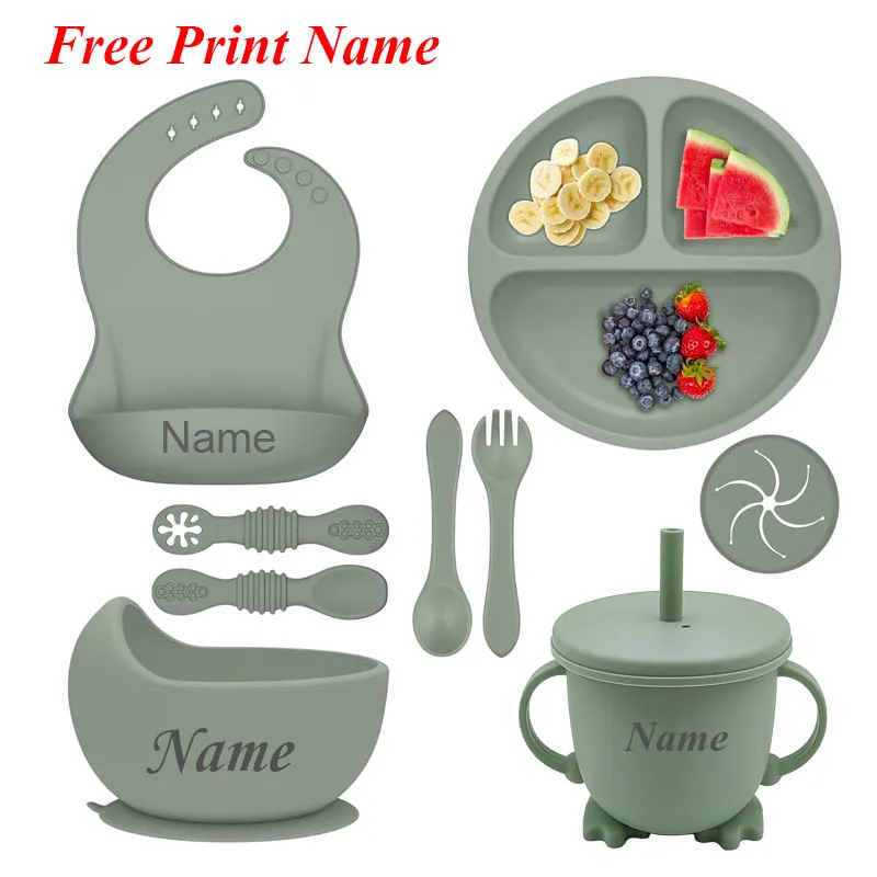 9Pcs Silicone Baby Feeding Set Personalized Name Baby Dishes Plate For Toddlers Utensils Toddler Eating Set Baby Tableware Stuff