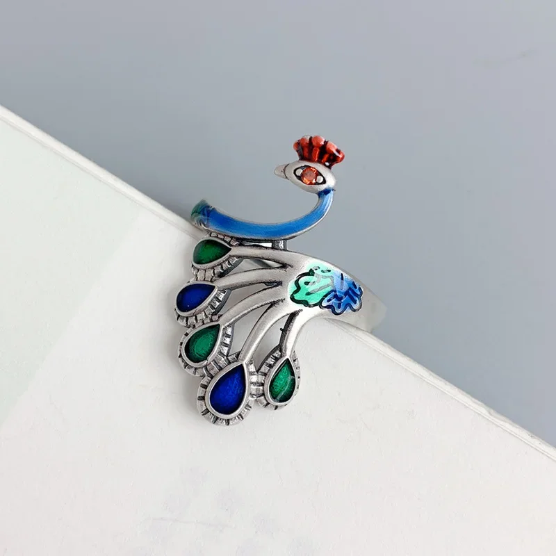 Monkton Wholesale Silver Color Peacock Rings for Women Jewelry Live Burn Blue Craft Phoenix Animal Ring 2023 Trend