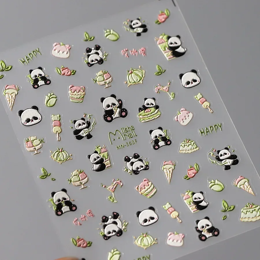 사랑스러운 팬더 대나무 꽃 스타 Bowknot 러브 하트 5D 네일 아트 스티커 귀여운 만화 양각 부조 접착제 매니큐어 데칼