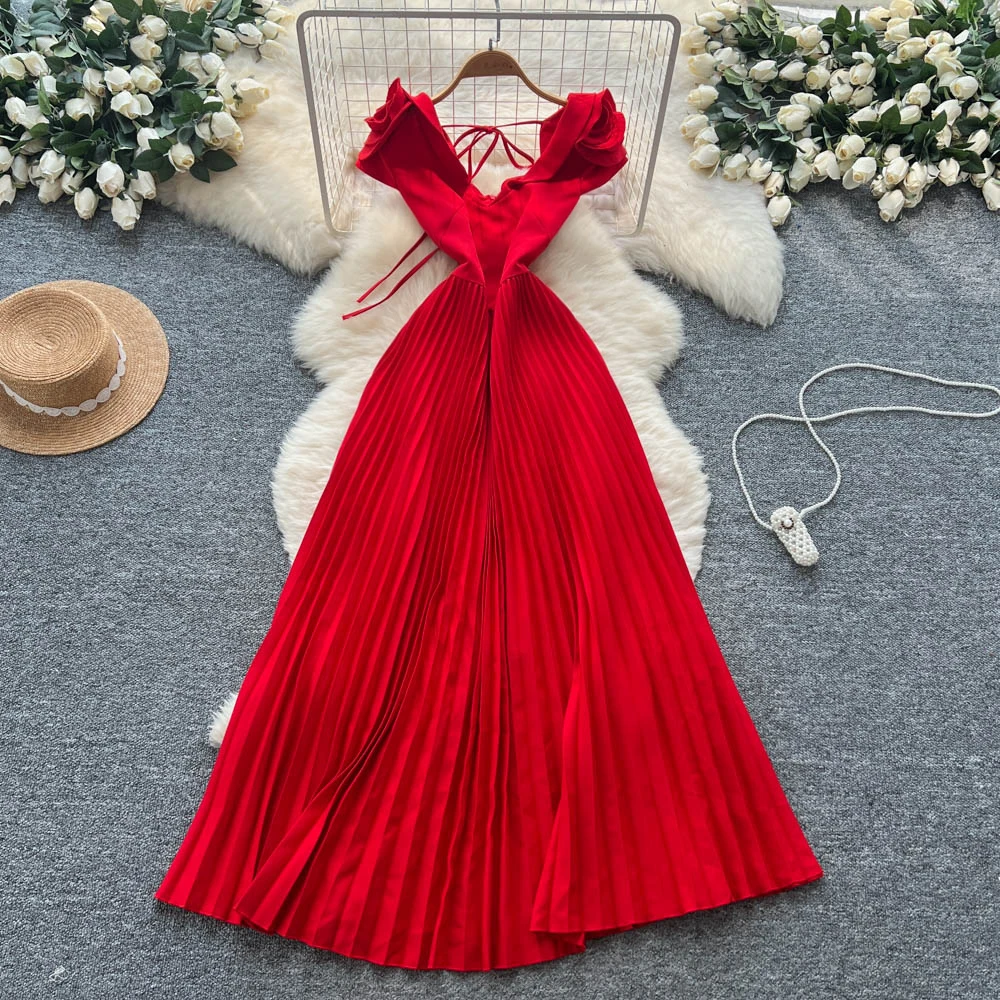 Schickes Vintage-Kleid mit V-Ausschnitt und Blumenmuster, gerüscht, aushöhlen, schlank, elegante Fee, koreanische Mode, Boho-Sommerkleid, Damenbekleidung, langes Kleid