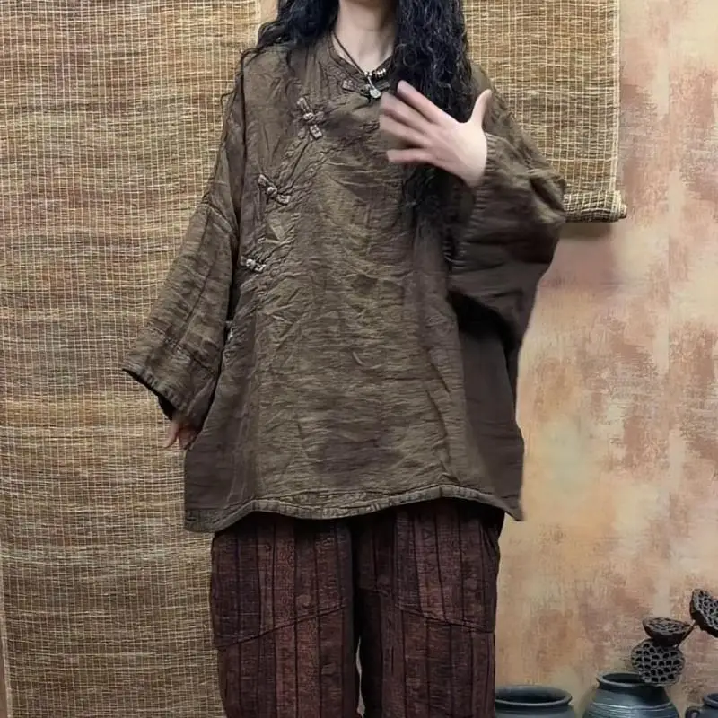 

Новые весенне-осенние женские свободные повседневные рубашки с рукавами «летучая мышь» в стиле искусства, винтажная двухуровневая блузка на пуговицах, высокое качество ST545