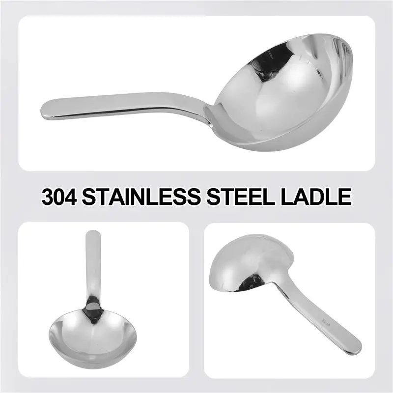 AA94-Stainless Steel Thickened Deep Soup Ladle Short Handle Big Round Head Spoon Drink Soup Ladle Eat Noodle Spoon