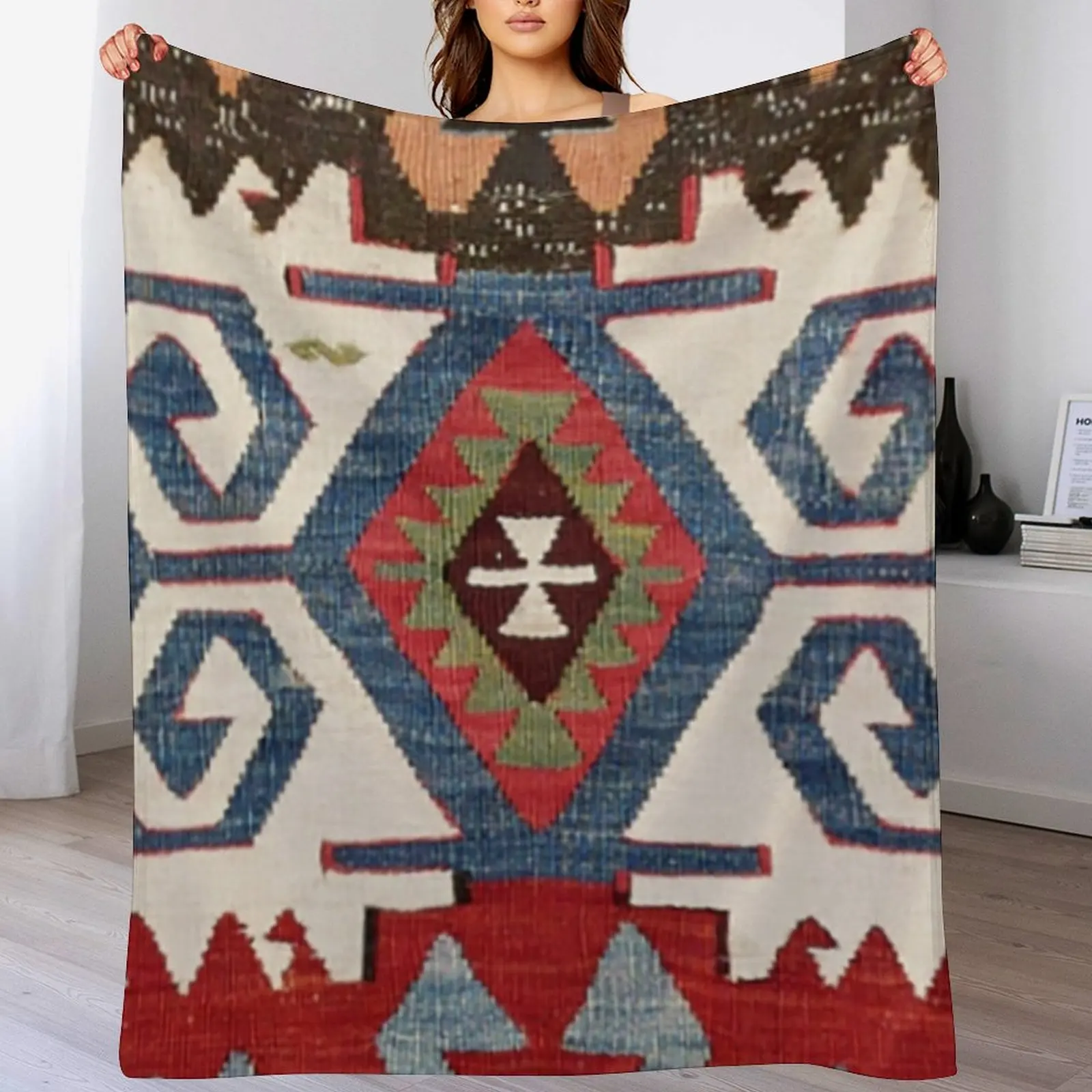 

Blue Diamond Arrow Konya // 19th Century Authentic Colorful Cowboy Saddle Accent Pattern Throw Blanket Flannel Single Blankets