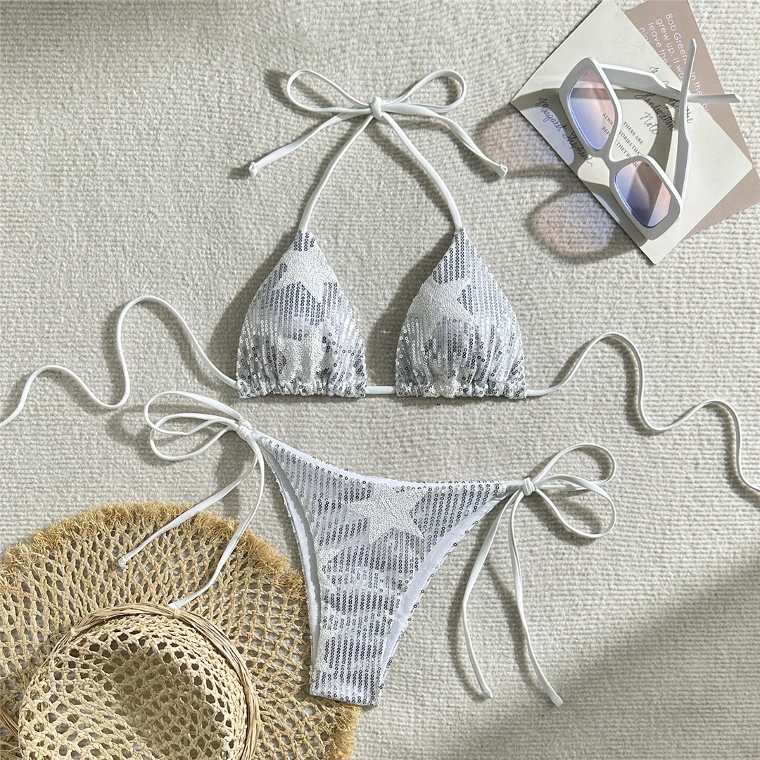 Neuer glänzender Bikini mit Pailletten, Neckholder und hohem Beinausschnitt, Damen-Badeanzug, zweiteiliges Bikini-Set, Badebekleidung, Badeanzug, Schwimmanzug V5825 – Detail 19