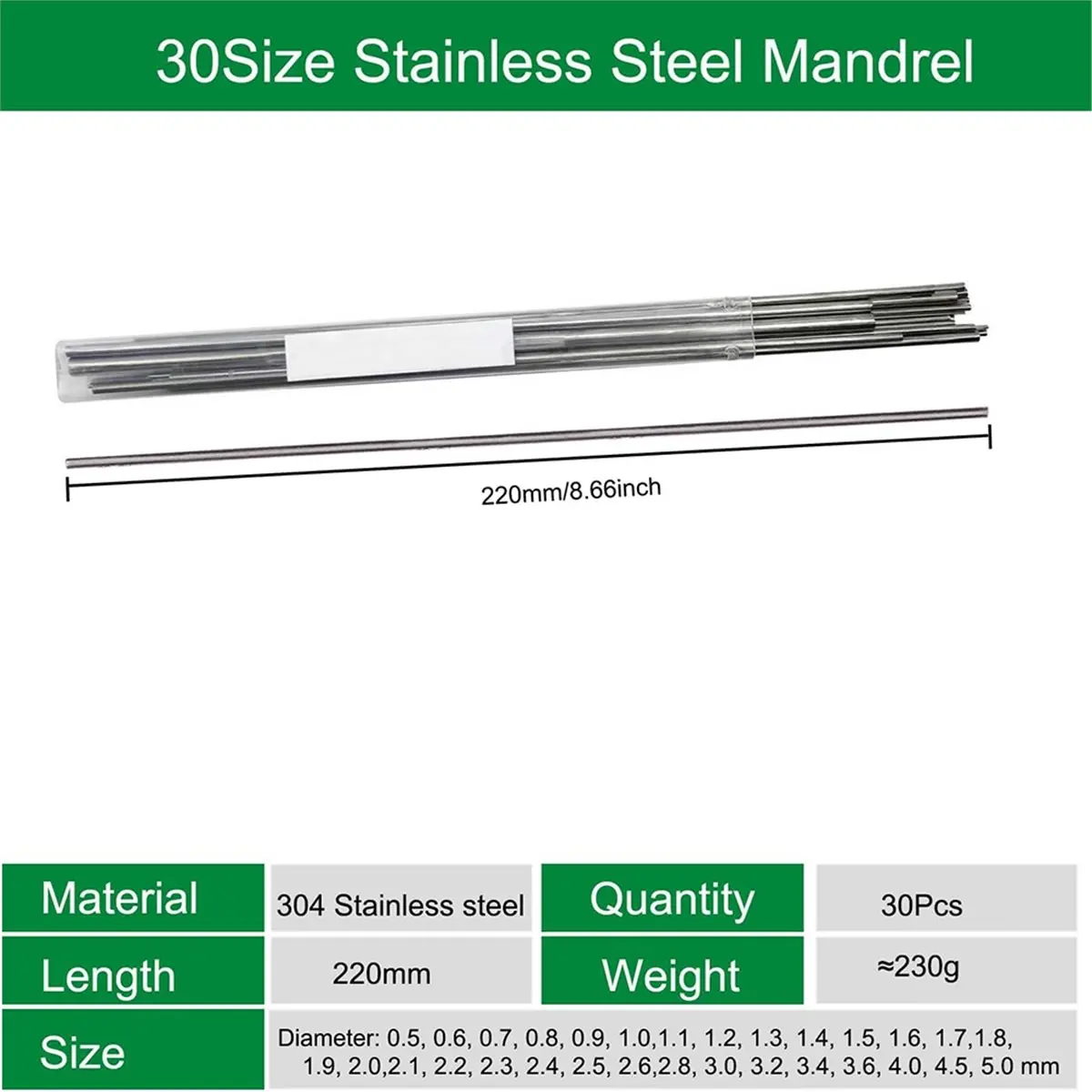 Stainless Steel Wire Core Stick Roll Mandrel Set, 30 Sizes, 220mm Length for Jewelry Making