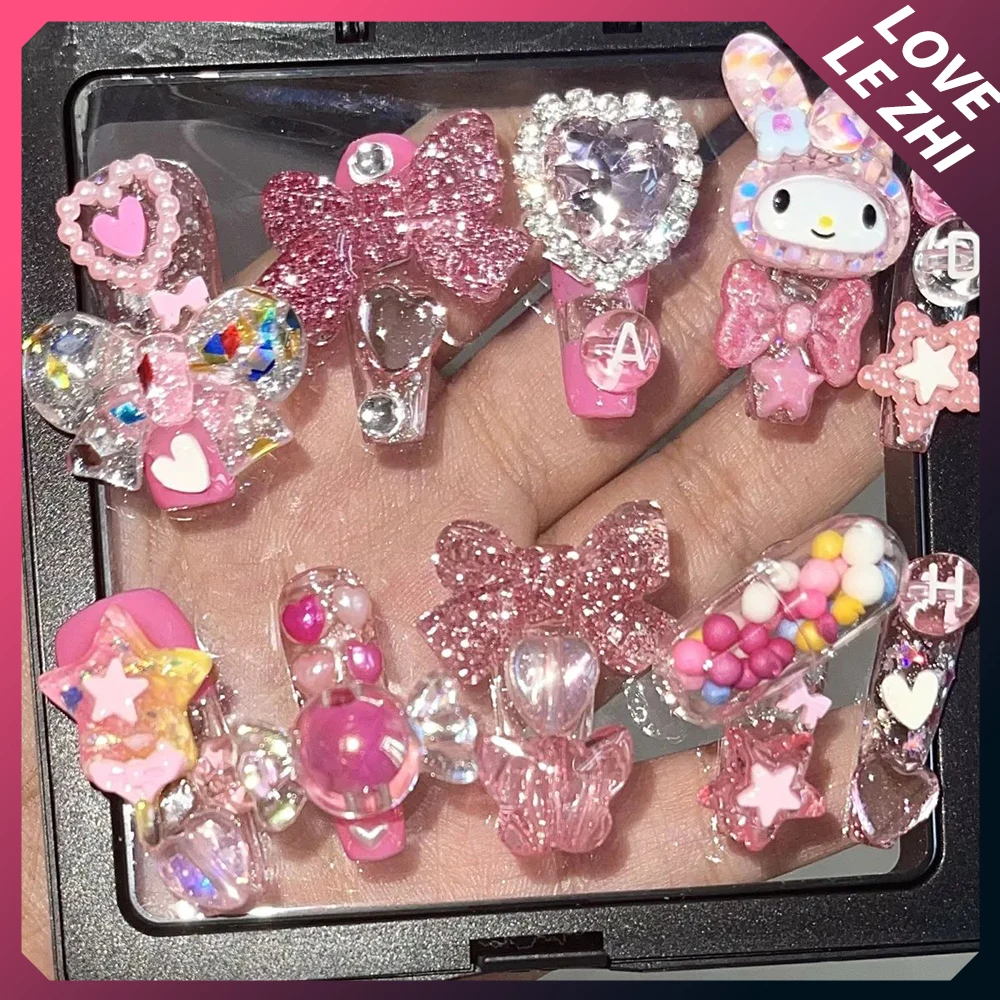 Handmade Kawaii Mymelody Nail Art The Sparkling Fivepointed Star Rhinestone Shape Candy Bowknot Long Coffin Nail Girl Party Gift