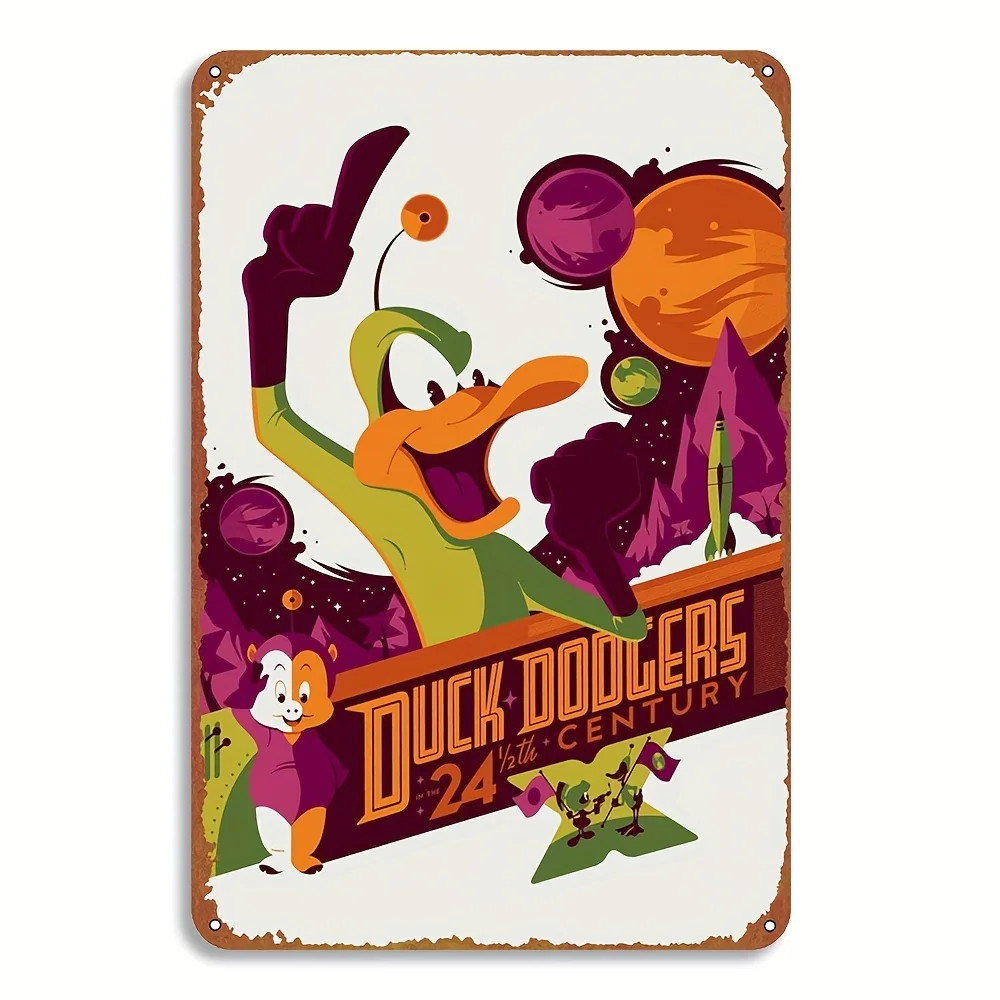 Vintage Duck Cartoon Tin Sign - Retro Iron Metal Wall Art for Cafe, Bar & Home Decor, , Classic Animated Series with Space Theme