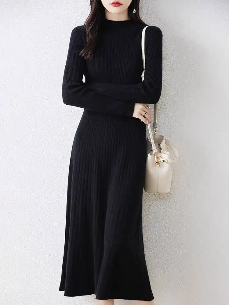 Vestido largo de punto con cuello redondo para mujer, jerséis de estilo largo, invierno y otoño, novedad de 2024