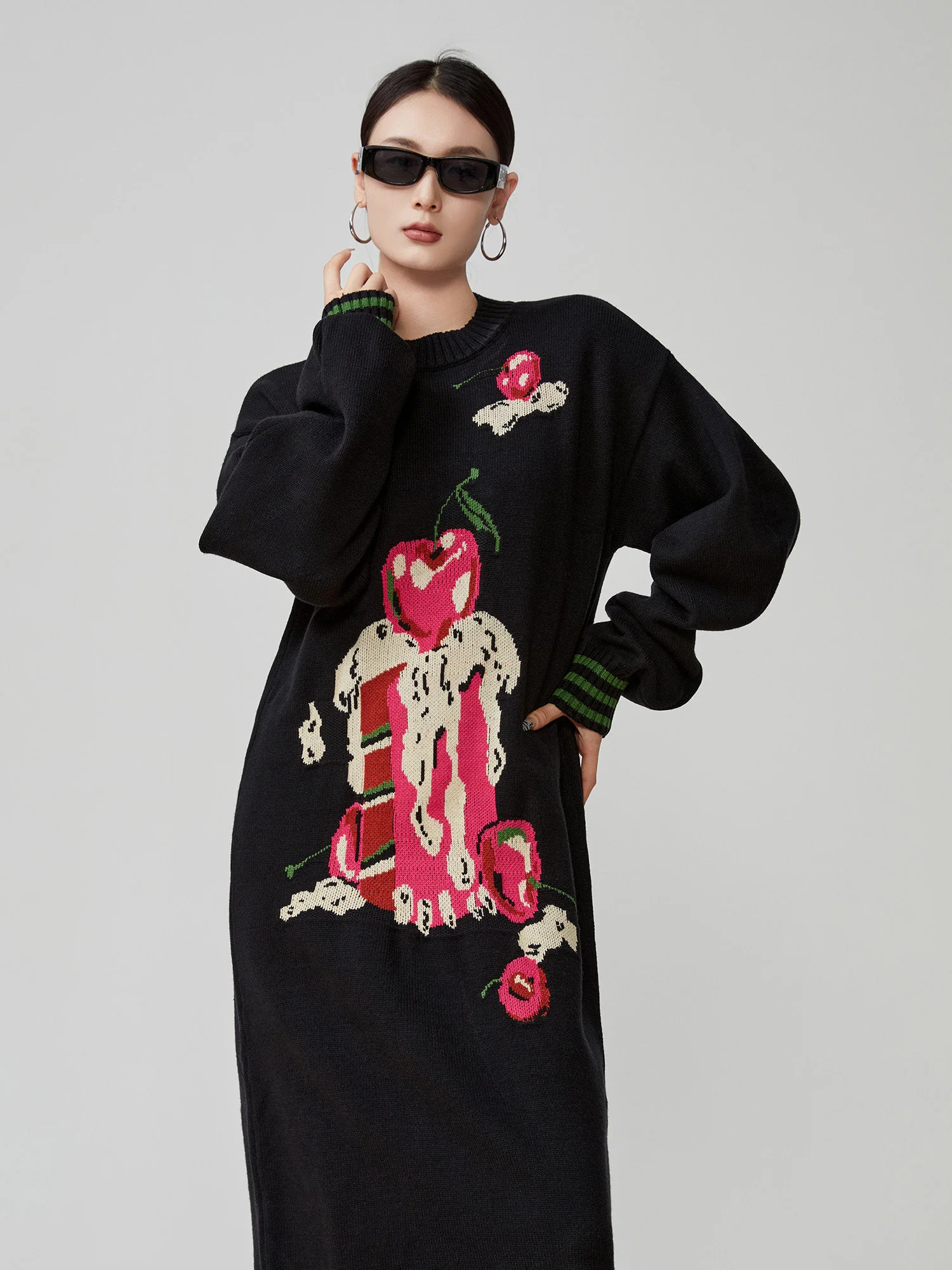 

Bla Embroidered Print round Ne Knitted Dr Women's New 2026 Loose Long Sweater Dr Casual Sle l Waist H Version