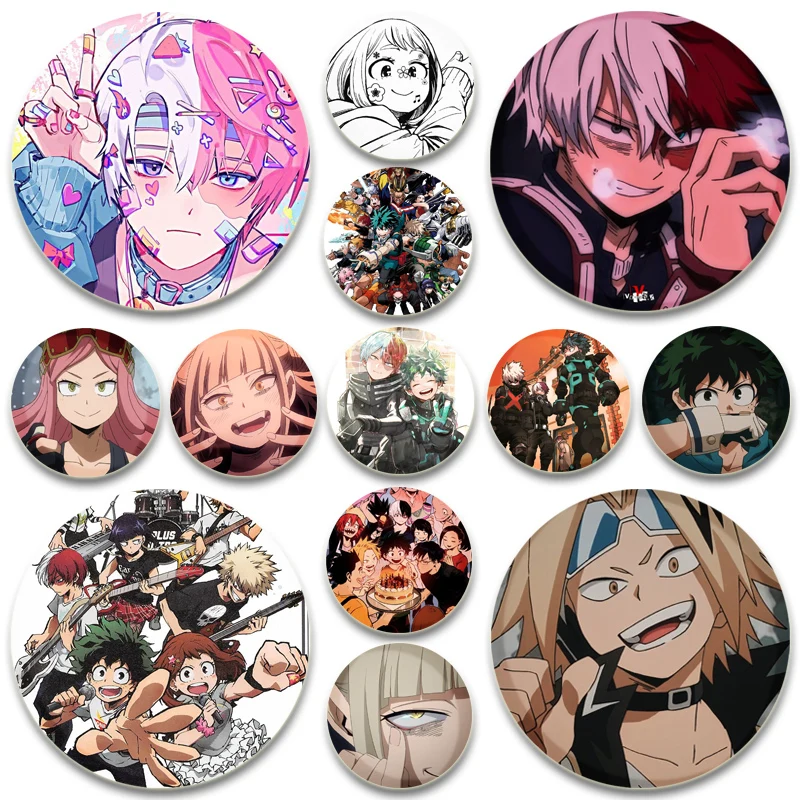 Midoriya Izuku Bakugou Katsuki Anime Badge Todoroki Shoto Ochaco Uraraka Cartoon Brooches Round Gifts Pins for Bag Accessorie