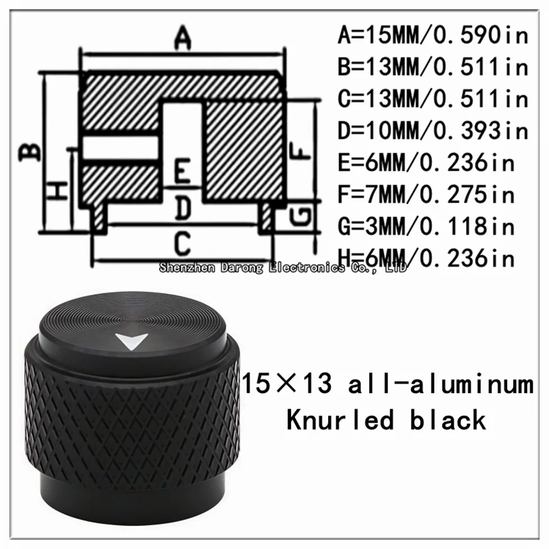 15×13MM全アルミニウムローレットノブキャップ、ポテンショメータ/エンコーダスイッチキャップ、ボリューム/電子楽器スイッチキャップ、丸穴6.0