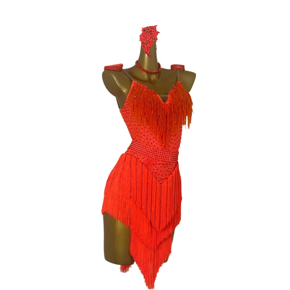 Dança latina adulto crianças vestido ab pedra high-end personalizado laranja grânulo tubo borla cha tango roupas femininas