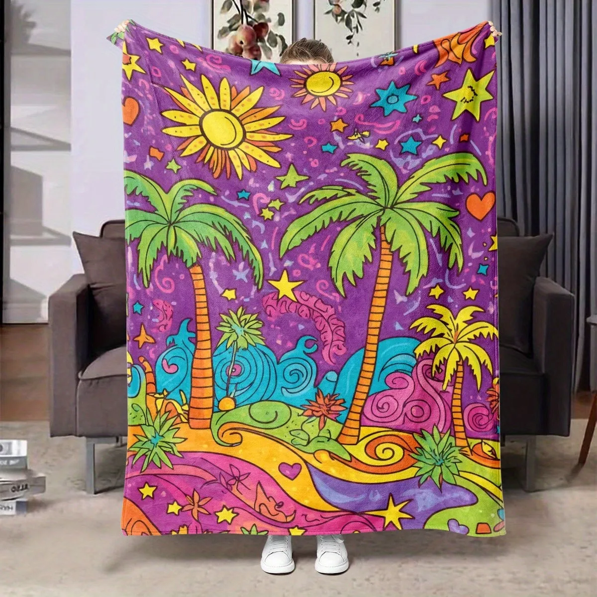 Tropical palm tree pattern Flannel printed blanket suitable for all seasons suitable for living room office sofa and travel