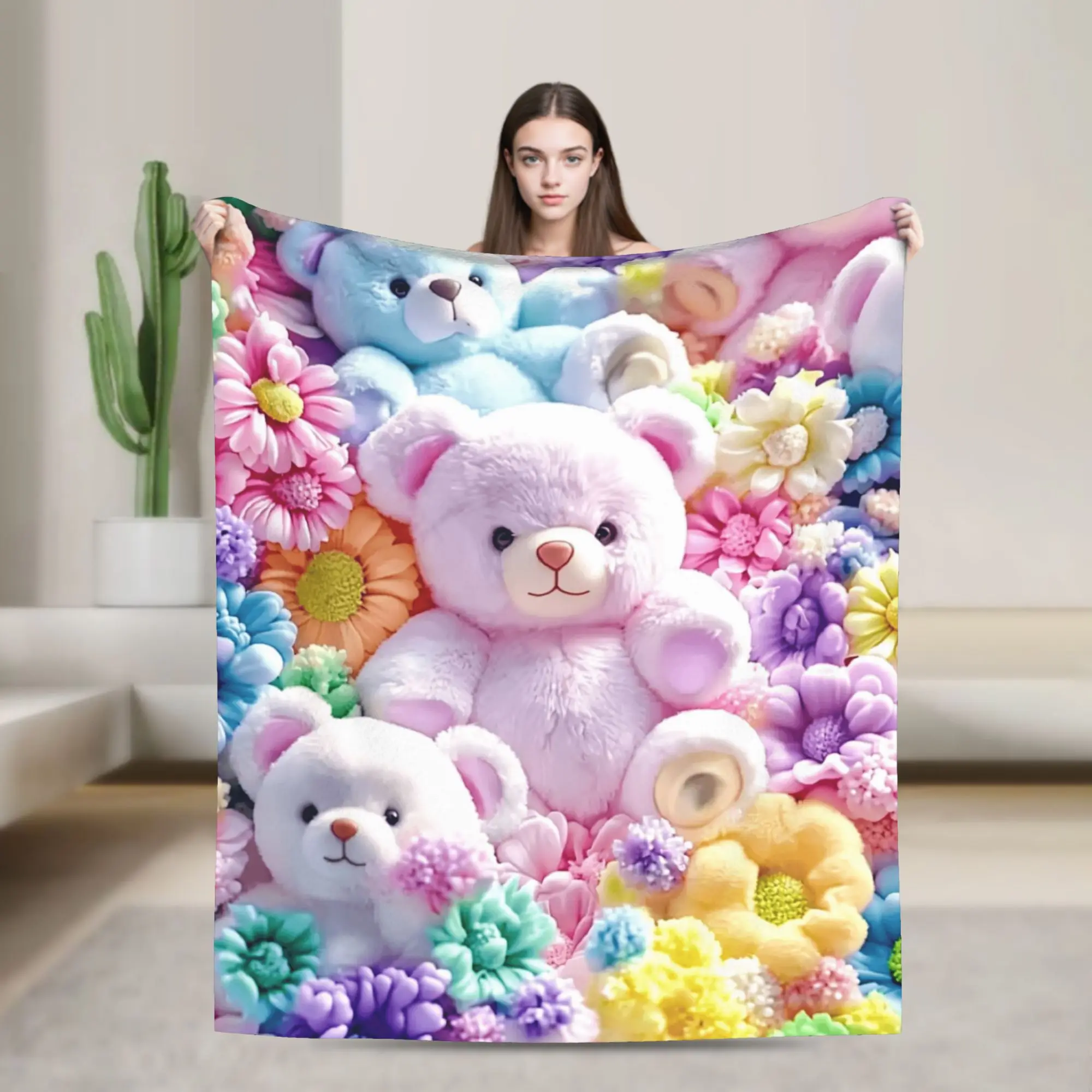 Cute Bear Colorful Plush Flowers Kawaii Graphic Blanket Super Soft  Throw Blanket Winter Adults Couch Bed Picnic Bedspread
