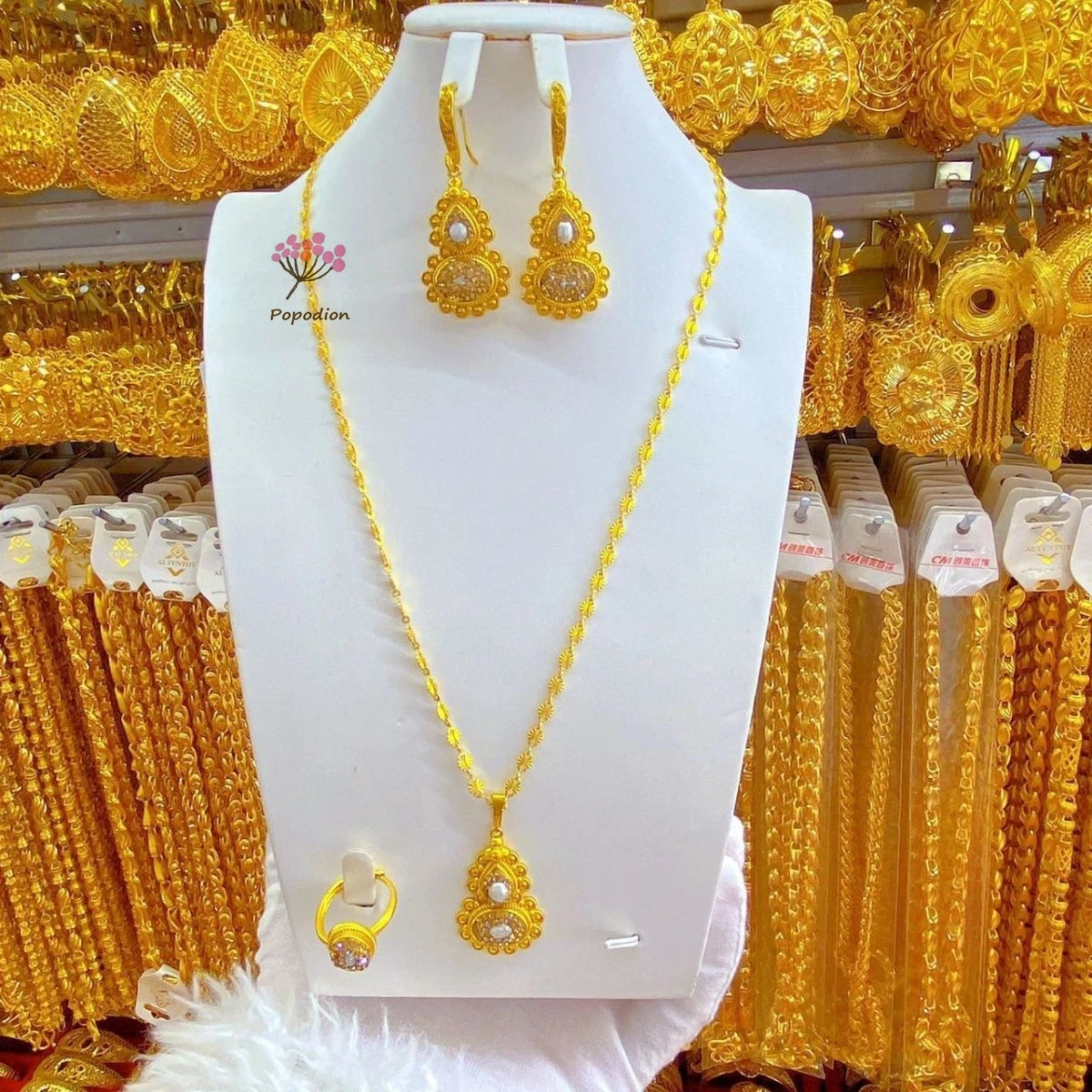 Popodion Dubai Conjunto de joias banhado a ouro 24k, colar de casamento nupcial, brincos, anel feminino, conjunto de 3 peças, SYY10405, nova moda