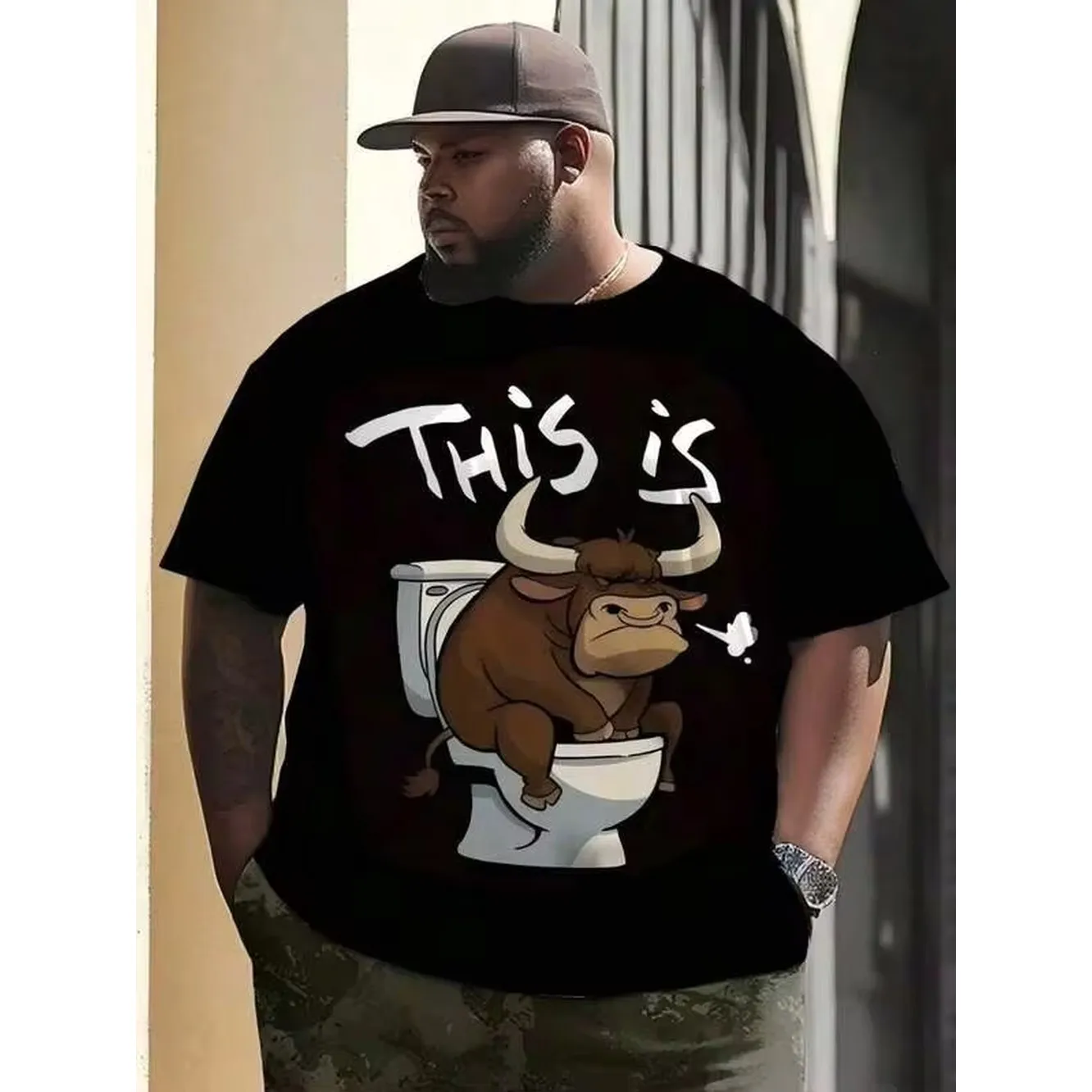 Plus Size Men Casual Round Neck T-Shirt, Polyester Knit Fabric Comfortable & Breathable, Fashionable Contrast Color Plaid Print, Funny Cartoon Ox Warrior Pattern Design, Novelty Personalized Top